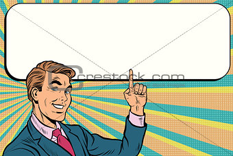 Businessman points up to copy space background