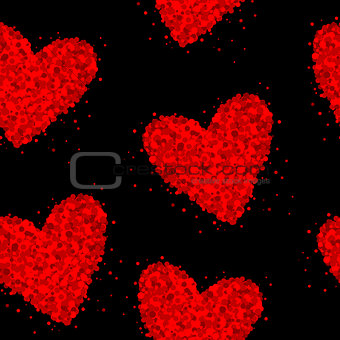 Seamless black background with hearts made of dots