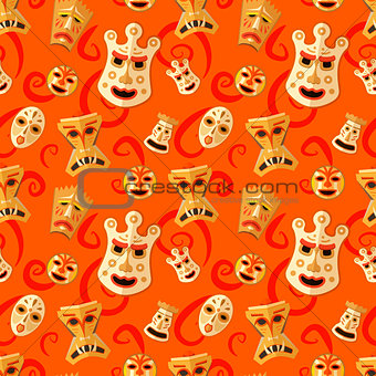 Different wooden voodoo masks on red background seamless pattern