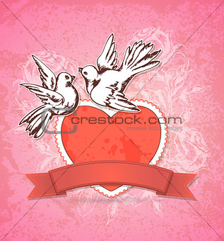 Two white doves and red heart
