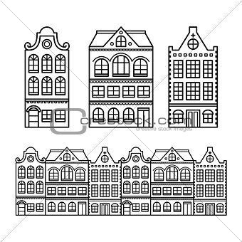 Dutch houses, Amsterdam buildings, Holland or Netherlands archictecture icons