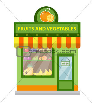 Store fruits and vegetables. shop building isolated on white background. Vector illustration.