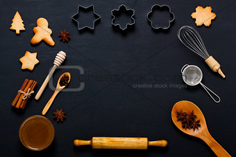 Baking background with cookies, honey and kitchen tools.
