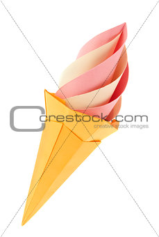 Fruit pink and vanilla ice-cream in waffle cone of origami.