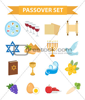 Passover icons set. flat, cartoon style. Jewish holiday of exodus Egypt. Collection with Seder plate, meal, matzah, wine, torus, pyramid. Isolated on white background. Vector illustration.