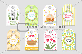 Cute Easter tags set. Labels collection with  rabbit, eggs and flowers. Spring templates for your design. Vector illustration.