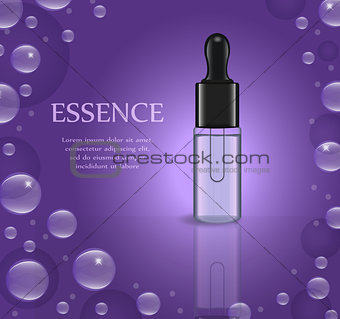 Realistic Essential oil or herbal medicine package template for your design. Essence poster, mock-up product bottle. Cosmetics 3d flacon. Transparent liquid vial. Vector illustration.