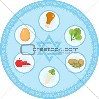 Seder plate of food, flat style. Jewish holiday  Passover. Isolated on white background. Vector illustration