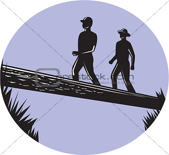 Hikers Crossing Single Log Bridge Oval Woodcut