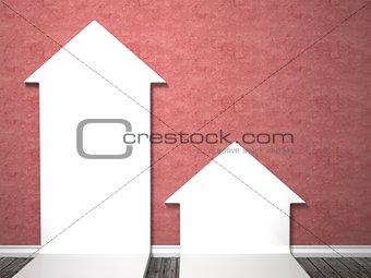 Two arrow shape mock up posters on red wall, 3D