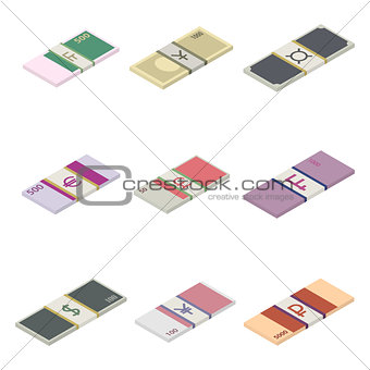 Set the stack of paper money world currencies, vector illustration.
