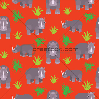 Rhino cartoon vector seamless red pattern.