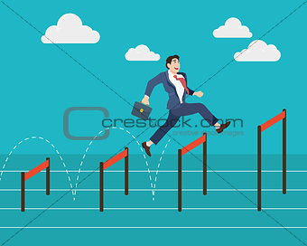 Businessman jumping higher over hurdle