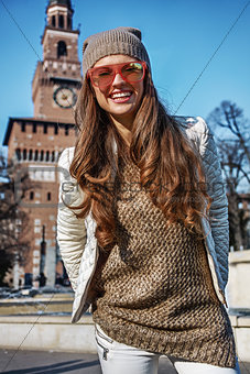 Portrait of happy young tourist woman in Milan, Italy