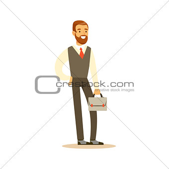 Beardy Businessman With Suitcase, Business Office Employee In Official Dress Code Clothing Busy At Work Smiling Cartoon Characters