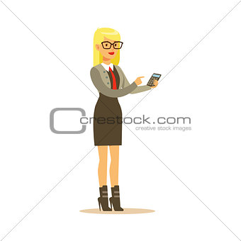 Businesswman With Calculator, Business Office Employee In Official Dress Code Clothing Busy At Work Smiling Cartoon Characters