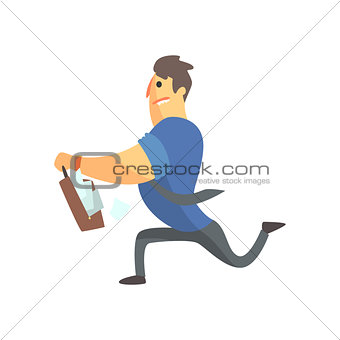 Businessman Top Manager In A Short Sleeve Shirt Running With Suitcase Full Of Papers, Office Job Situation Illustration