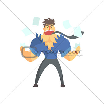 Enraged Businessman Top Manager In A Short Sleeve Shirt Ripping Clothes Apart, Office Job Situation Illustration