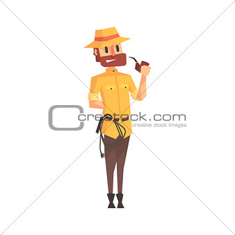 Adventurer Archeologist In Safari Outfit And Hat Smoking Pipe Illustration From Funny Archeology Scientist Series