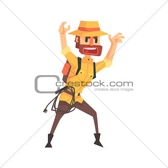 Adventurer Archeologist In Safari Outfit And Hat Intimidating Somebody Illustration From Funny Archeology Scientist Series