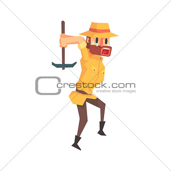 Adventurer Archeologist In Safari Outfit And Hat Working With Pick Axe Illustration From Funny Archeology Scientist Series