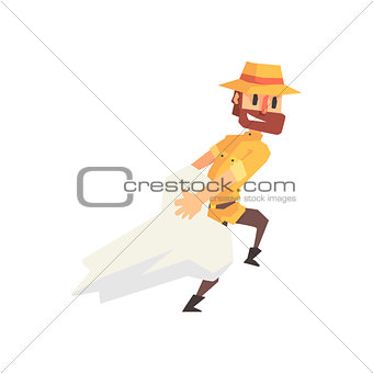 Adventurer Archeologist In Safari Outfit And Hat Dragging Giant Dinosaur Bone Illustration From Funny Archeology Scientist Series
