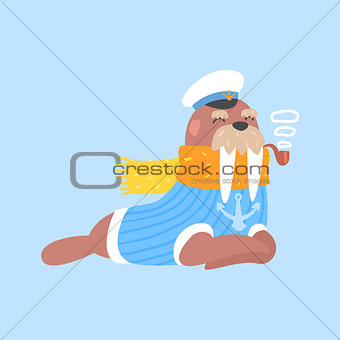 Walrus Smoking Pipe In Captain Outfit, Arctic Animal Dressed In Winter Human Clothes Cartoon Character