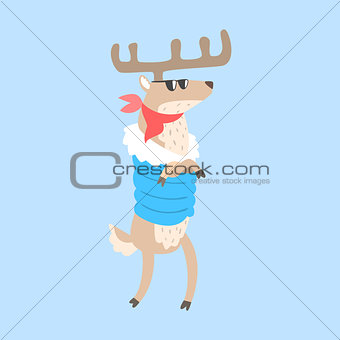 Moose Standing In Padded Coat, Arctic Animal Dressed In Winter Human Clothes Cartoon Character