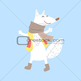 Polar White Fox In Vest And Scarf, Arctic Animal Dressed In Winter Human Clothes Cartoon Character