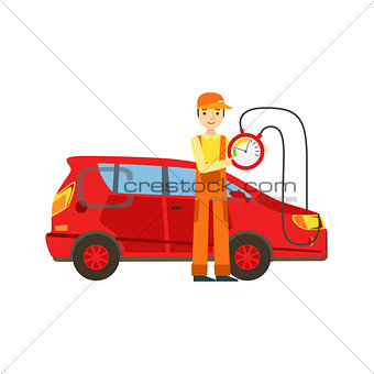 Smiling Mechanic Checking The Battery Power In The Garage, Car Repair Workshop Service Illustration