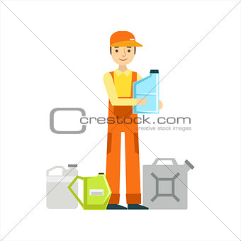 Smiling Mechanic With Oils Assortment In The Garage, Car Repair Workshop Service Illustration