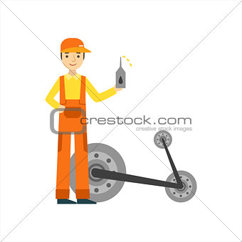 Smiling Mechanic Changing Oil In The Garage, Car Repair Workshop Service Illustration