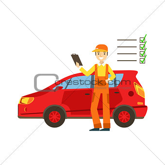 Smiling Mechanic Analysing With Checklist In The Garage, Car Repair Workshop Service Illustration