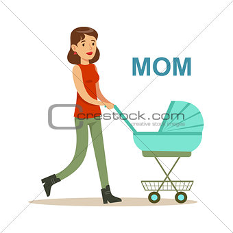 Young Mother Walking With Stroller Happy Family Having Good Time Together Illustration