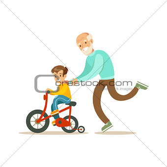 Grandfather Running Behind Grandson Bicycle, Happy Family Having Good Time Together Illustration