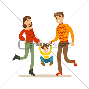 Parents Holding Hands With Kid, Happy Family Having Good Time Together Illustration