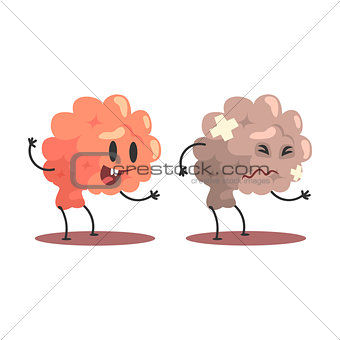 Brain Human Internal Organ Healthy Vs Unhealthy, Medical Anatomic Funny Cartoon Character Pair In Comparison Happy Against Sick And Damaged