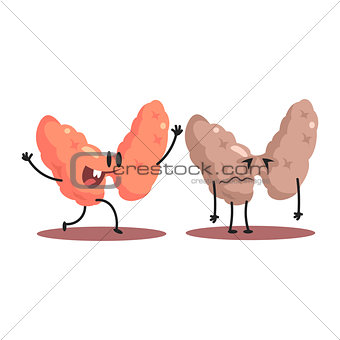 Thyroid Human Internal Organ Healthy Vs Unhealthy, Medical Anatomic Funny Cartoon Character Pair In Comparison Happy Against Sick And Damaged