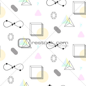 Infinity shape and cubes nineties seamless vector pattern.