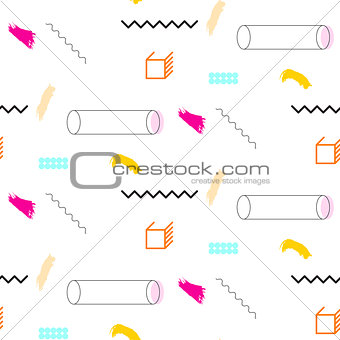 Lines and cylinders 90s seamless vector pattern.