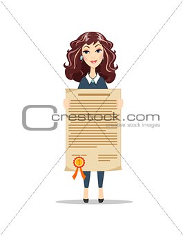 Standing business woman holding certificate