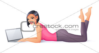 Vector positive young woman working with laptop lying on floor.
