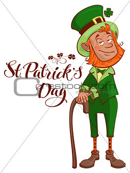 St.Patricks Day. Old man with red beard in green suit holding cane