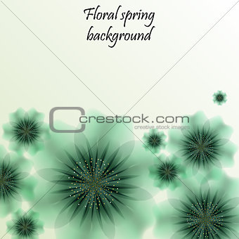 Green spring background with translucent flowers.