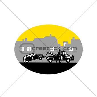 Tow Truck Towing Car Buildings Oval Woodcut