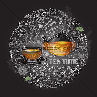 Vector card with cup, pot, herb and text Tea Time.