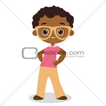 African American boy with glasses.Vector illustration eps 10 isolated on white background. Flat cartoon style