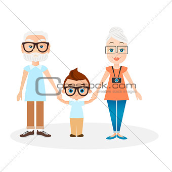 Grandparents with grandson. Vector illustration eps 10 isolated on white background. Flat cartoon style.