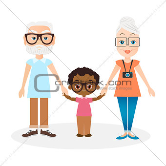 Grandparents with grandson. African american boy. Vector illustration eps 10 isolated on white background. Flat cartoon style.