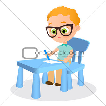 Young boy with glasses paints sitting at a school desk . Vector illustration eps 10. Flat cartoon style.